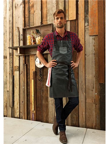 "DIVISION" WAXED LOOK DENIM BIB APRON WITH FAUX LEATHER